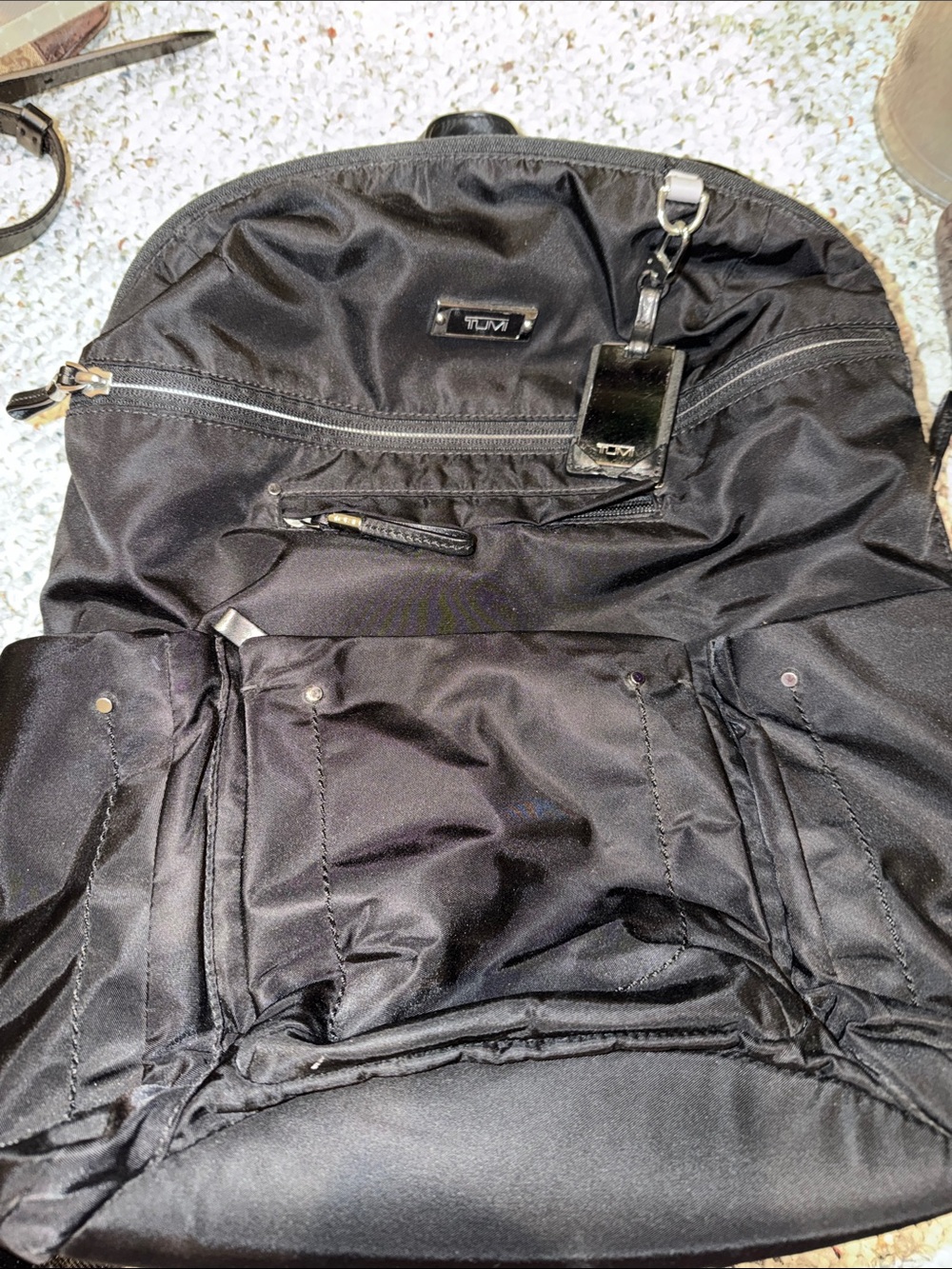 Tumi Black Nylon Backpack with Front Pockets and ID Tag